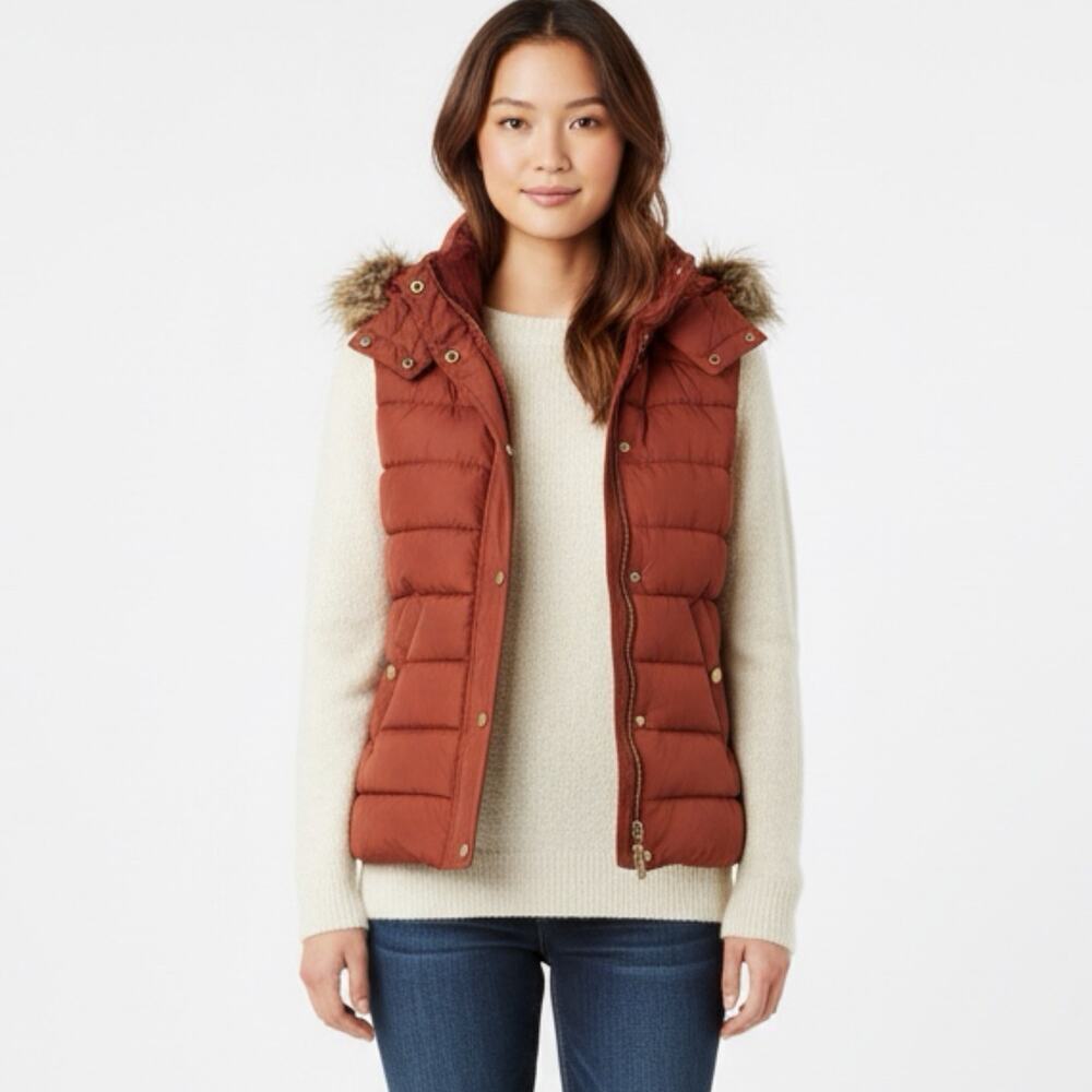 H&M L.O.G.G. Women's Puffer Vest 6 Brown Orange Hooded Faux Fur Removable Zip Up